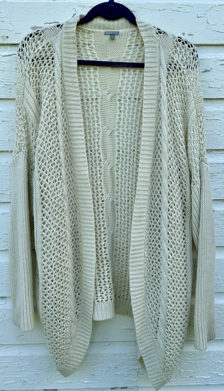Crochet Cardigan Sweater Open Front Cream Loose Knit Oversized Boho Size L